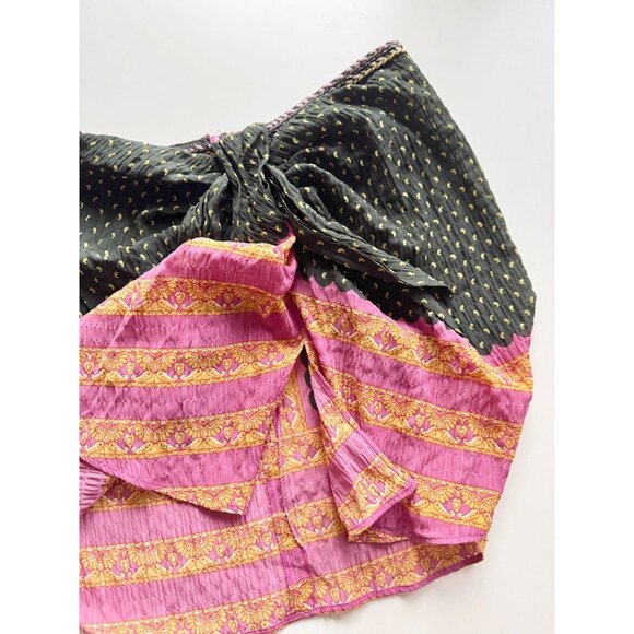 ZARA Green Pink Printed Beaded Front Tie Mini Pareo Sarong Skirt, Size L - Picture 4 of 13